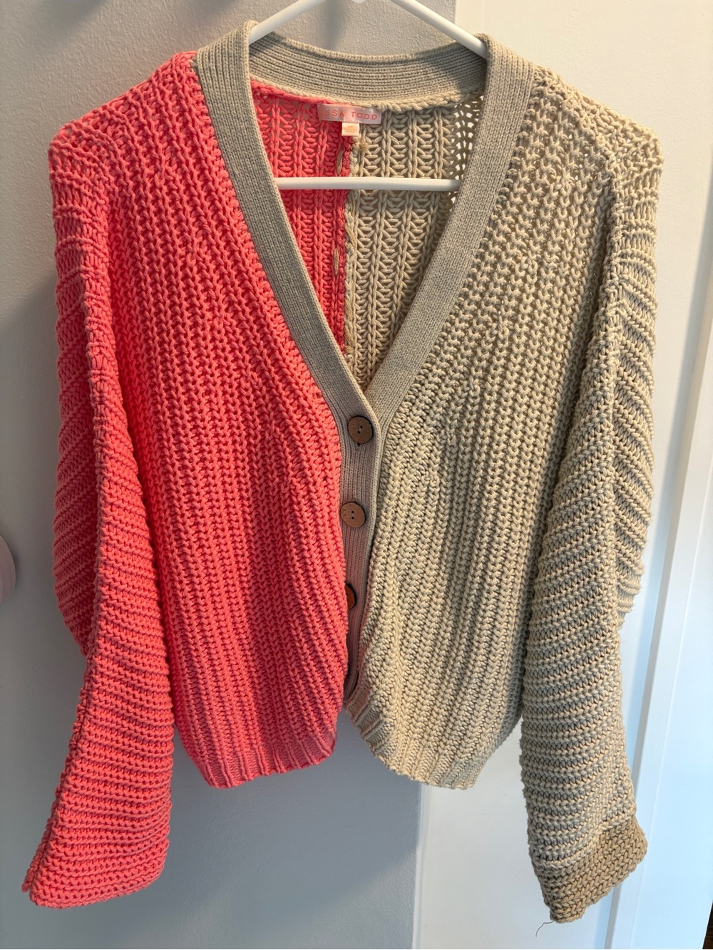 Lisa Todd Colorblock V-Neck Knit Cardigan - Coral Pink & Beige